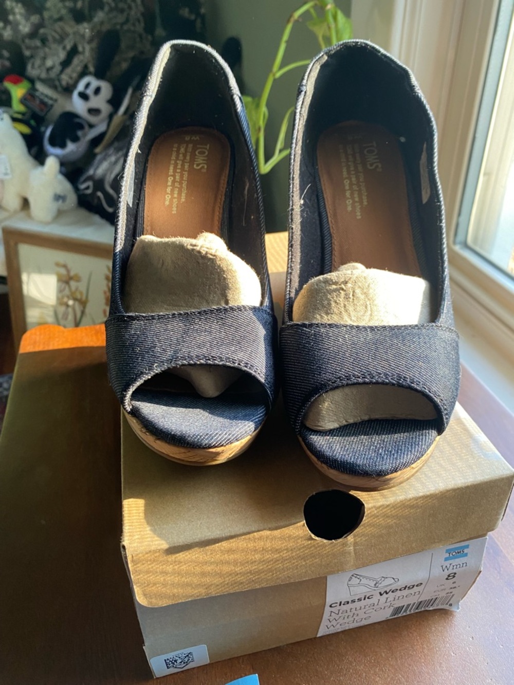 Toms Navy Fabric Peep-Toe Wedge Heels
